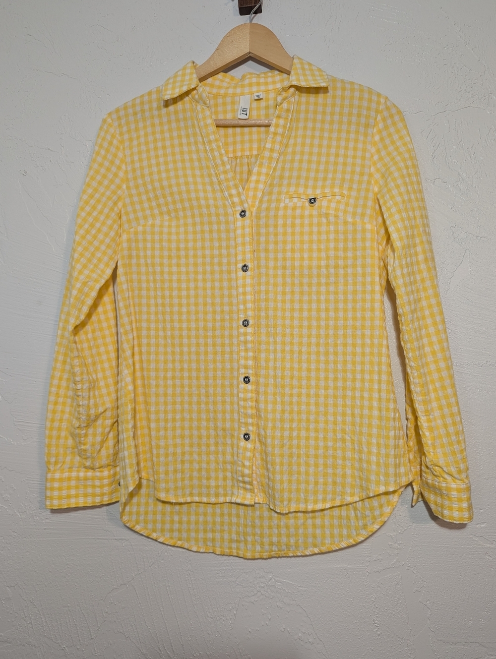 Yellow Gingham Plaid Buttondown Light Cotton Shirt Cottage Summer Picnic Chic